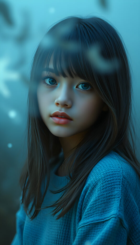 a whimsically illustrated (brown-skinned teen emo girl) with cascading, gently waving (straight hair) framed by playful side bangs, illuminated by a mesmerizing iridescent light blue complexion that subtly glimmers, her eyes reflecting a profound sense of melancholy and emotional detachment, surrounded by ethereal wisps of fog that dance in the softly fogy (backdrop), reminiscent of a surreal dreamscape, hinting at an otherworldly atmosphere, she wears a light blue sweater made of super fine wool