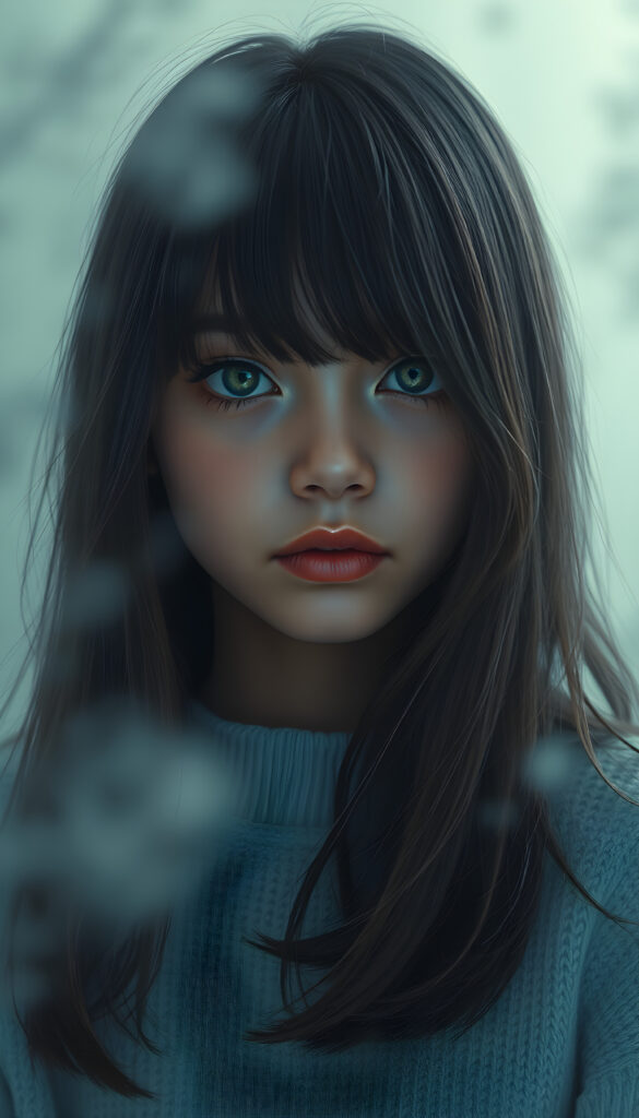 a whimsically illustrated (brown-skinned teen emo girl) with cascading, gently waving (straight hair) framed by playful side bangs, illuminated by a mesmerizing iridescent light blue complexion that subtly glimmers, her eyes reflecting a profound sense of melancholy and emotional detachment, surrounded by ethereal wisps of fog that dance in the softly fogy (backdrop), reminiscent of a surreal dreamscape, hinting at an otherworldly atmosphere, she wears a light blue sweater made of super fine wool