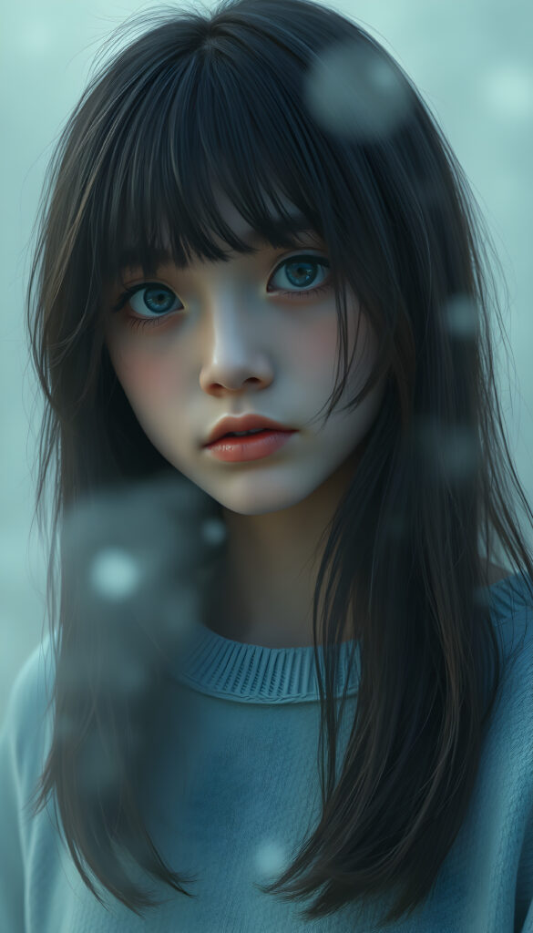 a whimsically illustrated (brown-skinned teen emo girl) with cascading, gently waving (straight hair) framed by playful side bangs, illuminated by a mesmerizing iridescent light blue complexion that subtly glimmers, her eyes reflecting a profound sense of melancholy and emotional detachment, surrounded by ethereal wisps of fog that dance in the softly fogy (backdrop), reminiscent of a surreal dreamscape, hinting at an otherworldly atmosphere, she wears a light blue sweater made of super fine wool