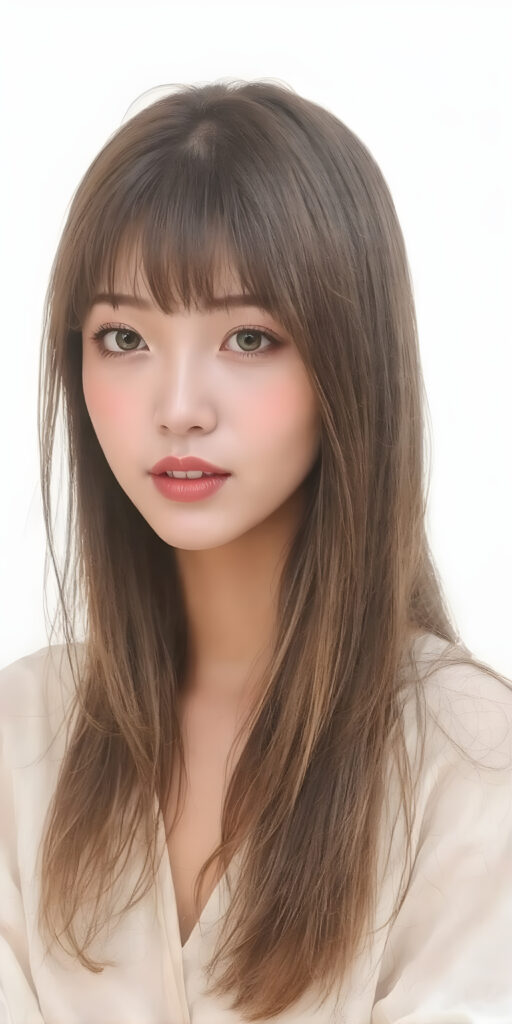 a (((wonderful, detailed hand drawing))) show (((beautiful, thoughtful and expressive cute adult Asian girl))), with (((softly curved long brown straight hair, bangs))), natural (looking) light green eyes, and (delicate yet defined cheekbones), poised in a (seductively thoughtful pose) with a ((flawlessly matching set of pearly white teeth)) and elegantly draped ((natural looking)) light sheer draped garments, ((completely covering her front and back, and perfectly shaped to convey a sense of natural beauty)), against a (natural looking, detailed white backdrop), head is centered