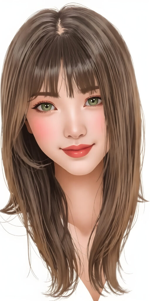 a (((wonderful, detailed hand drawing))) show (((beautiful, thoughtful and expressive cute adult Asian girl))), with (((softly curved long brown straight hair, bangs))), natural (looking) light green eyes, and (delicate yet defined cheekbones), poised in a (seductively thoughtful pose) with a ((flawlessly matching set of pearly white teeth)) and elegantly draped ((natural looking)) light sheer draped garments, ((completely covering her front and back, and perfectly shaped to convey a sense of natural beauty)), against a (natural looking, detailed white backdrop), head is centered