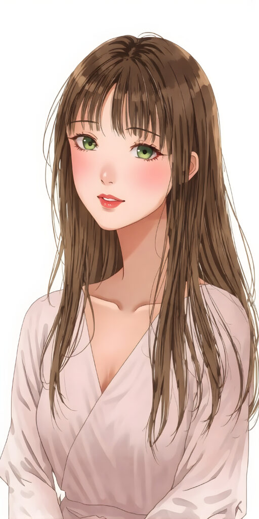 a (((wonderful, detailed hand drawing))) show (((beautiful, thoughtful and expressive cute adult Asian girl))), with (((softly curved long brown straight hair, bangs))), natural (looking) light green eyes, and (delicate yet defined cheekbones), poised in a (seductively thoughtful pose) with a ((flawlessly matching set of pearly white teeth)) and elegantly draped ((natural looking)) light sheer draped garments, ((completely covering her front and back, and perfectly shaped to convey a sense of natural beauty)), against a (natural looking, detailed white backdrop), head is centered
