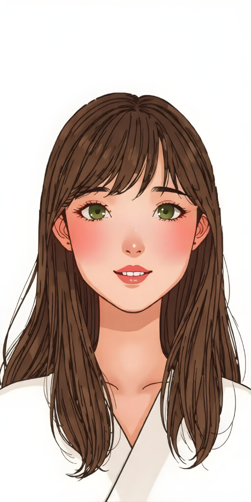 a (((wonderful, detailed hand drawing))) show (((beautiful, thoughtful and expressive cute adult Asian girl))), with (((softly curved long brown straight hair, bangs))), natural (looking) light green eyes, and (delicate yet defined cheekbones), poised in a (seductively thoughtful pose) with a ((flawlessly matching set of pearly white teeth)) and elegantly draped ((natural looking)) light sheer draped garments, ((completely covering her front and back, and perfectly shaped to convey a sense of natural beauty)), against a (natural looking, detailed white backdrop), head is centered