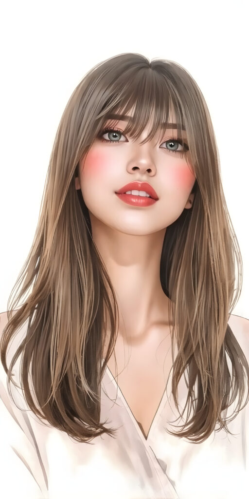 a (((wonderful, detailed hand drawing))) show (((beautiful, thoughtful and expressive cute adult Asian girl))), with (((softly curved long brown straight hair, bangs))), natural (looking) light green eyes, and (delicate yet defined cheekbones), poised in a (seductively thoughtful pose) with a ((flawlessly matching set of pearly white teeth)) and elegantly draped ((natural looking)) light sheer draped garments, ((completely covering her front and back, and perfectly shaped to convey a sense of natural beauty)), against a (natural looking, detailed white backdrop), head is centered