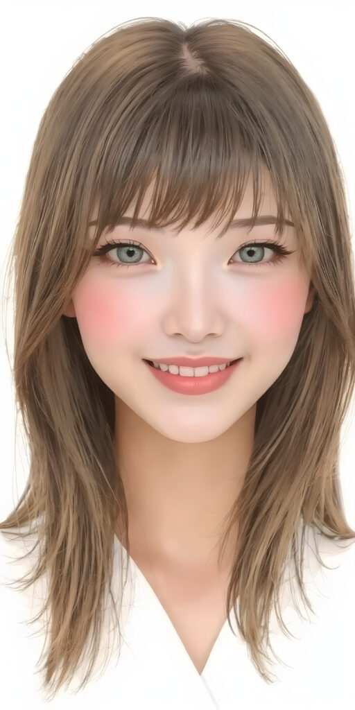 a (((wonderful, detailed hand drawing))) show (((beautiful, thoughtful and expressive cute adult Asian girl))), with (((softly curved long brown straight hair, bangs))), natural (looking) light green eyes, and (delicate yet defined cheekbones), poised in a (seductively thoughtful pose) with a ((flawlessly matching set of pearly white teeth)) and elegantly draped ((natural looking)) light sheer draped garments, ((completely covering her front and back, and perfectly shaped to convey a sense of natural beauty)), against a (natural looking, detailed white backdrop), head is centered