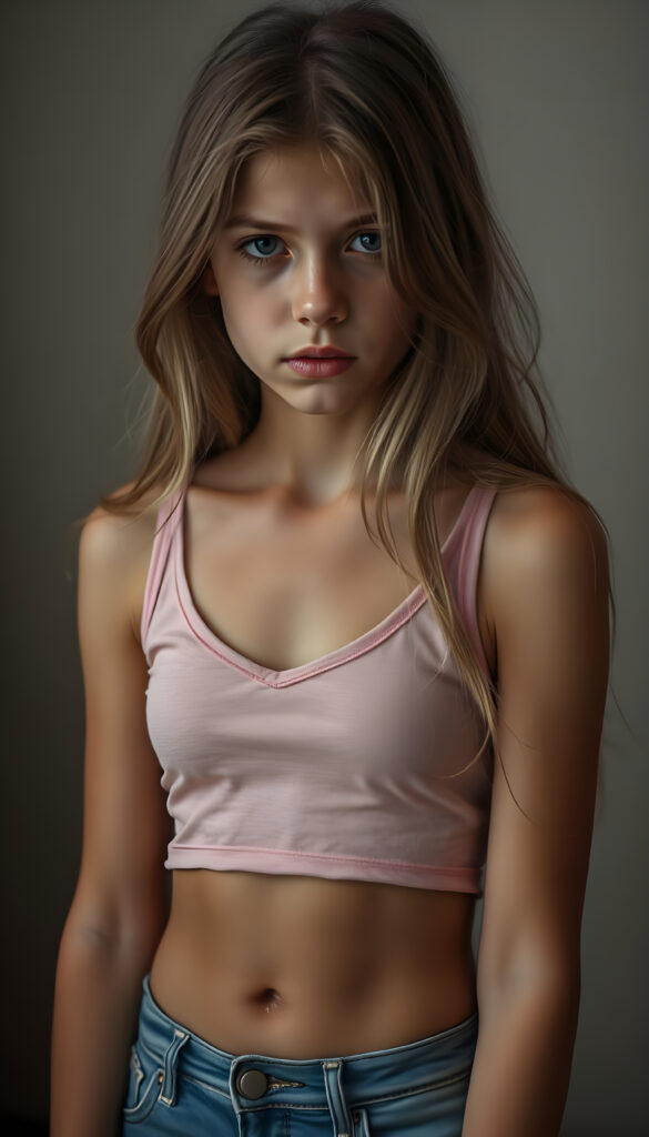 a wonderfully (((detailed portrait))), from a youthful young busty teen girl looks very sad, dressed in a short plain thin cropped pink tank top made of fine wool and blue denim jeans pants, deep v-neck, stunning (8K resolution), long straight brown wavy hair with blond highlights, cute belly button, she has a perfect curved female fit body