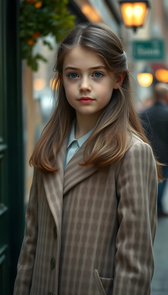 a wonderfully (((detailed painted scene))), portraying a youthful young cute girl in the 1930s, dressed in a long, luxurious (((coat with a classic pattern))), paired with a diminutive, exuding a playful whimsy that is accented by vivid pastel tones that bring each intricate detail into sharp relief, achieving a stunning (8K resolution) that is both crisp and clear, capturing a level of realism that is truly endearing, long straight brown wavy hair