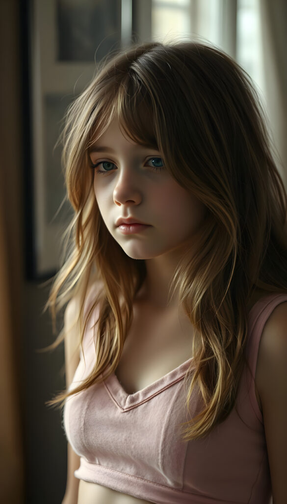 a wonderfully (((detailed painted scene))), portraying a youthful young busty teen girl looks very sad, dressed in a short cropped pink camisole made of fine wool deep v-neck, stunning (8K resolution) that is both crisp and clear, capturing a level of realism that is truly endearing, long straight brown wavy hair with blond highlights, cute belly button