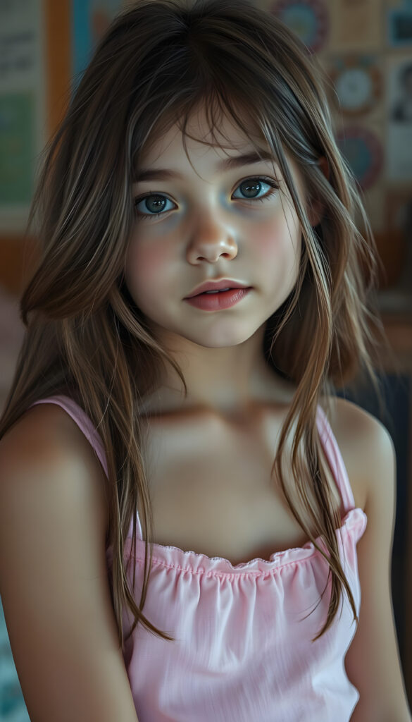 a wonderfully (((detailed painted scene))), portraying a youthful young teen girl, dressed in a short cropped pink camisole, exuding a playful whimsy that is accented by vivid pastel tones that bring each intricate detail into sharp relief, achieving a stunning (8K resolution) that is both crisp and clear, capturing a level of realism that is truly endearing, long straight brown wavy hair