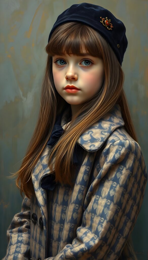 a wonderfully (((detailed painted scene))) by Pierre-Auguste Renoir, portraying a youthful girl of 8 in the 1930s, dressed in a long, luxurious (((coat with a classic pied de poule pattern))), paired with a diminutive, yet opulent (((velvet black hat))), exuding a playful whimsy that is accented by vivid pastel tones that bring each intricate detail into sharp relief, achieving a stunning (8K resolution) that is both crisp and clear, capturing a level of realism that is truly endearing, long straight full brown hair.