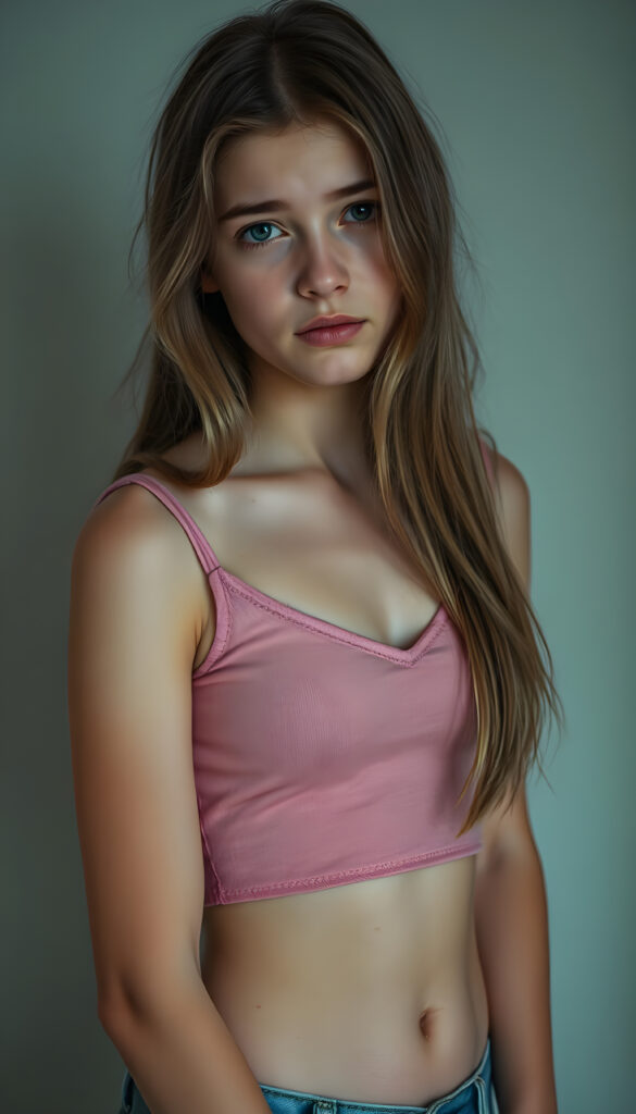 a wonderfully (((detailed portrait))), from a youthful young busty teen girl looks very sad, dressed in a short plain thin cropped pink tank top made of fine wool and blue denim jeans pants, deep v-neck, stunning (8K resolution), long straight brown wavy hair with blond highlights, cute belly button, she has a perfect curved female fit body