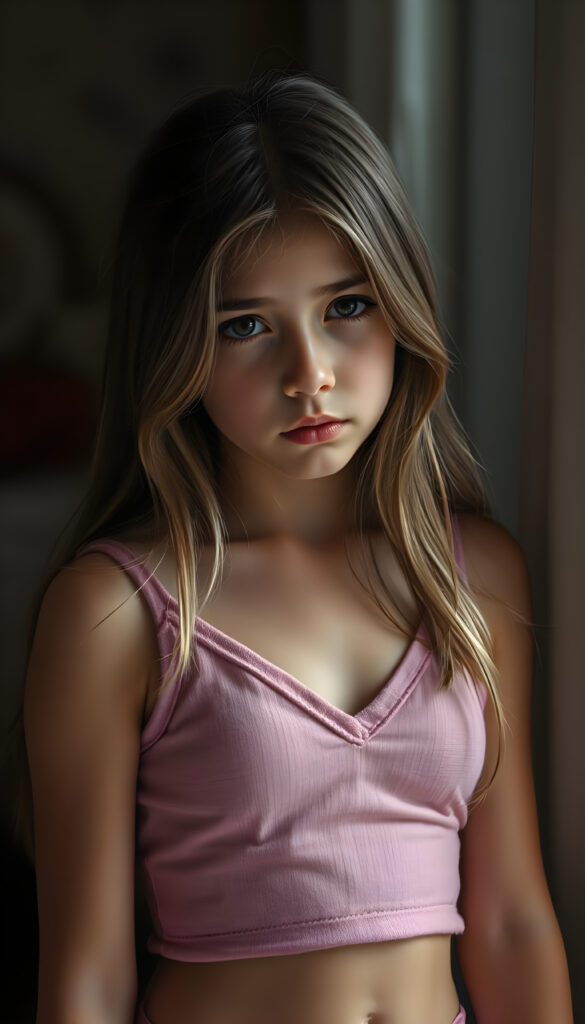 a wonderfully (((detailed painted scene))), portraying a youthful young busty teen girl looks very sad, dressed in a short cropped pink camisole made of fine wool deep v-neck, stunning (8K resolution) that is both crisp and clear, capturing a level of realism that is truly endearing, long straight brown wavy hair with blond highlights, cute belly button