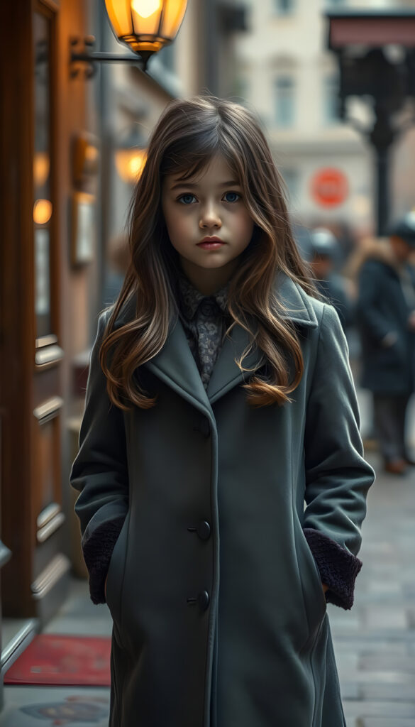 a wonderfully (((detailed painted scene))), portraying a youthful young cute girl in the 1930s, dressed in a long, luxurious (((coat with a classic pattern))), paired with a diminutive, exuding a playful whimsy that is accented by vivid pastel tones that bring each intricate detail into sharp relief, achieving a stunning (8K resolution) that is both crisp and clear, capturing a level of realism that is truly endearing, long straight brown wavy hair