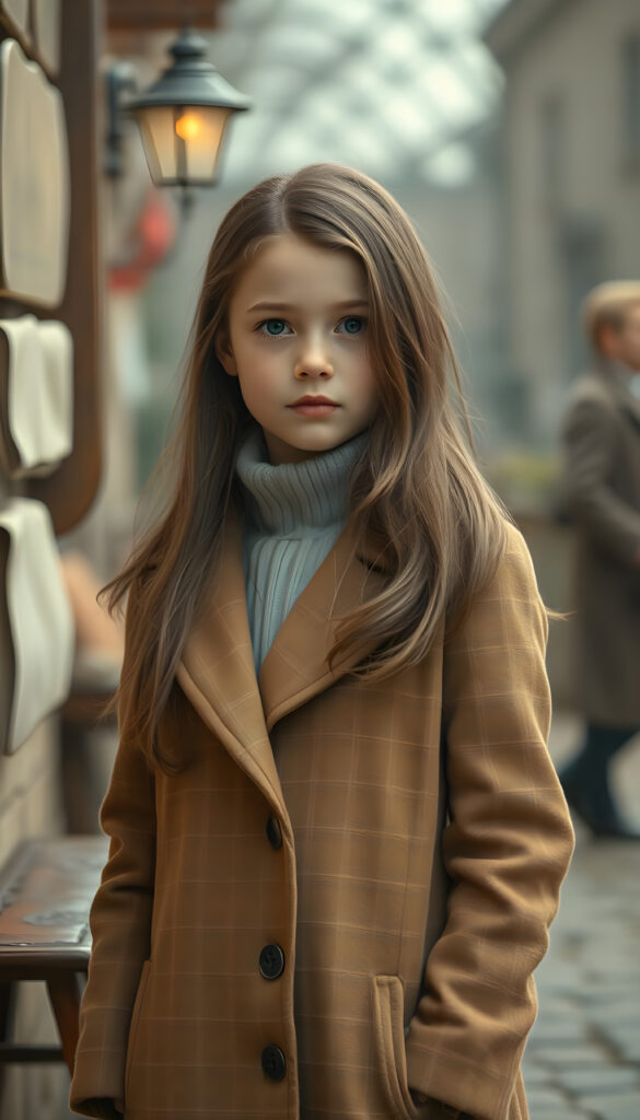 a wonderfully (((detailed painted scene))), portraying a youthful young cute girl in the 1930s, dressed in a long, luxurious (((coat with a classic pattern))), paired with a diminutive, exuding a playful whimsy that is accented by vivid pastel tones that bring each intricate detail into sharp relief, achieving a stunning (8K resolution) that is both crisp and clear, capturing a level of realism that is truly endearing, long straight brown wavy hair
