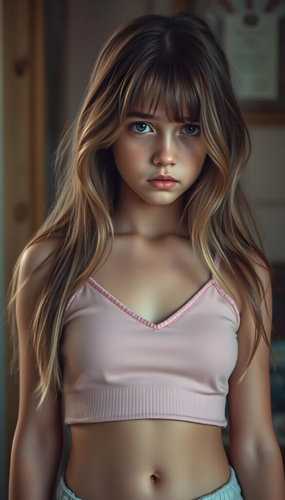 a wonderfully (((detailed painted scene))), portraying a youthful young busty teen girl looks very sad, dressed in a short cropped pink camisole made of fine wool deep v-neck, stunning (8K resolution) that is both crisp and clear, capturing a level of realism that is truly endearing, long straight brown wavy hair with blond highlights, cute belly button