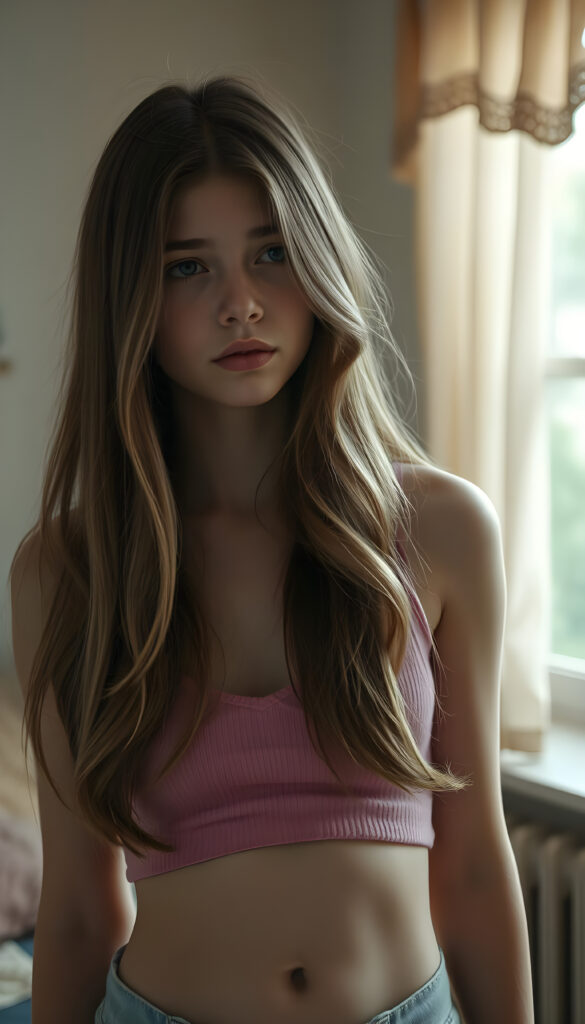 a wonderfully (((detailed painted scene))), portraying a youthful young busty teen girl looks very sad, dressed in a short cropped pink camisole made of fine wool deep v-neck, stunning (8K resolution) that is both crisp and clear, capturing a level of realism that is truly endearing, long straight brown wavy hair with blond highlights, cute belly button