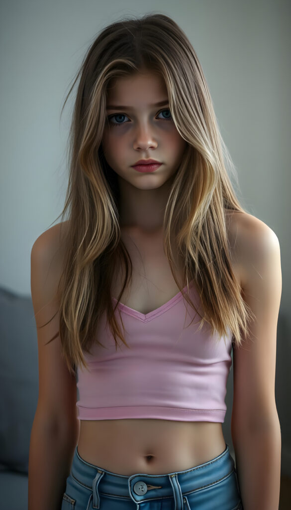 a wonderfully (((detailed portrait))), from a youthful young busty teen girl looks very sad, dressed in a short plain thin cropped pink tank top made of fine wool and blue denim jeans pants, deep v-neck, stunning (8K resolution), long straight brown wavy hair with blond highlights, cute belly button, she has a perfect curved female fit body