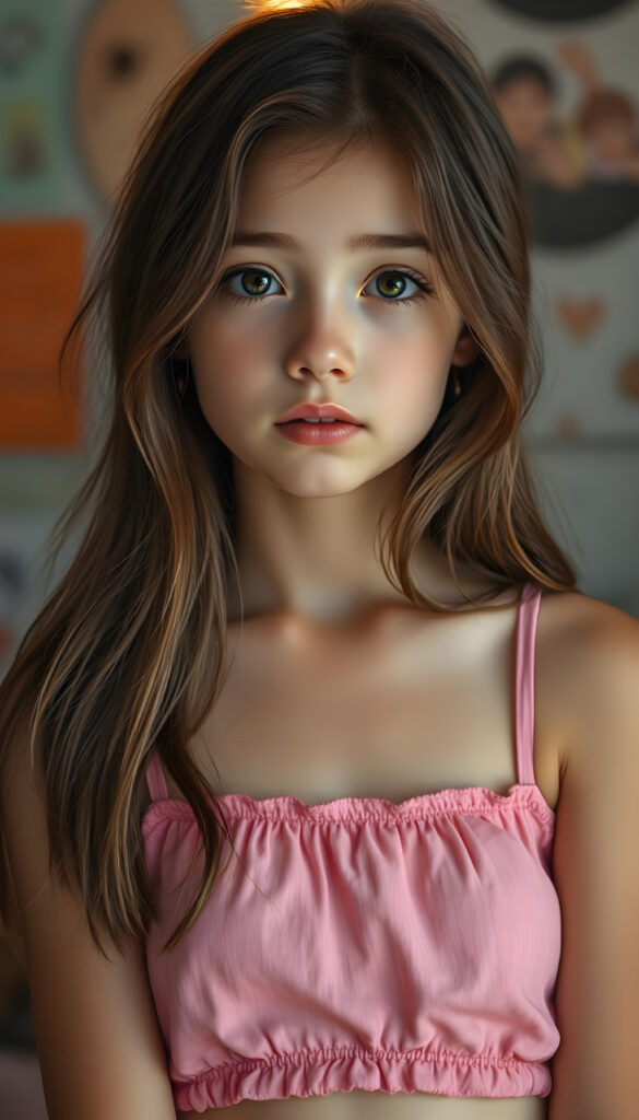 a wonderfully (((detailed painted scene))), portraying a youthful young teen girl, dressed in a short cropped pink camisole, exuding a playful whimsy that is accented by vivid pastel tones that bring each intricate detail into sharp relief, achieving a stunning (8K resolution) that is both crisp and clear, capturing a level of realism that is truly endearing, long straight brown wavy hair