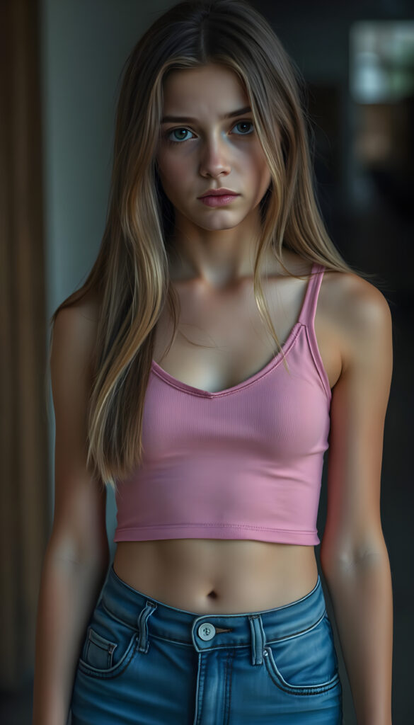 a wonderfully (((detailed portrait))), from a youthful young busty teen girl looks very sad, dressed in a short plain thin cropped pink tank top made of fine wool and blue denim jeans pants, deep v-neck, stunning (8K resolution), long straight brown wavy hair with blond highlights, cute belly button, she has a perfect curved female fit body