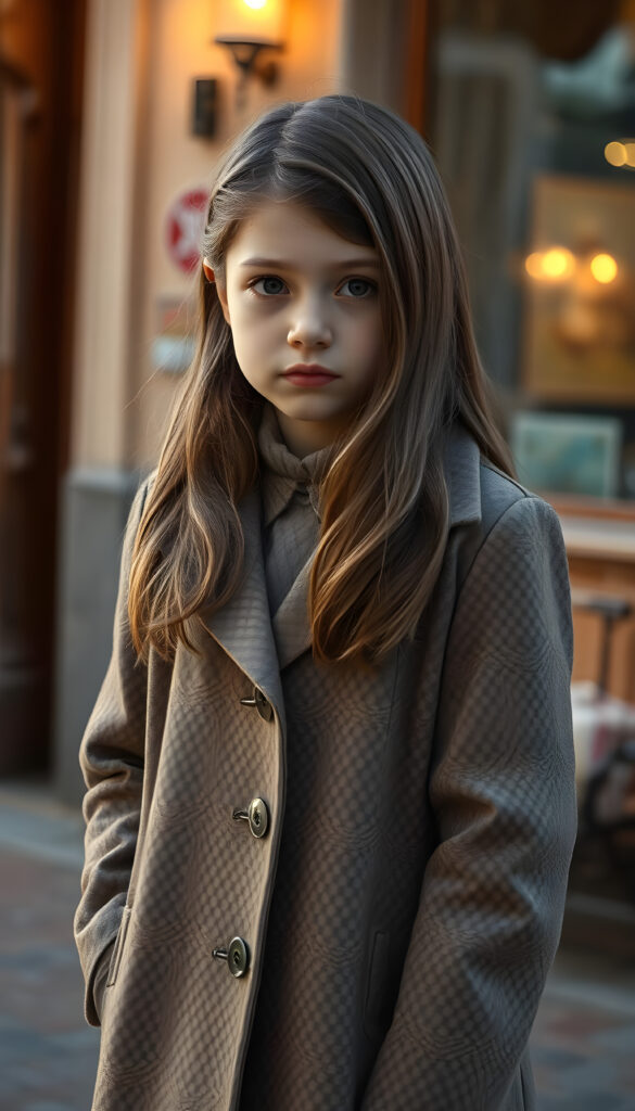 a wonderfully (((detailed painted scene))), portraying a youthful young cute girl in the 1930s, dressed in a long, luxurious (((coat with a classic pattern))), paired with a diminutive, exuding a playful whimsy that is accented by vivid pastel tones that bring each intricate detail into sharp relief, achieving a stunning (8K resolution) that is both crisp and clear, capturing a level of realism that is truly endearing, long straight brown wavy hair