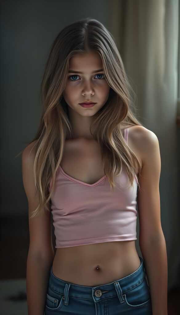 a wonderfully (((detailed portrait))), from a youthful young busty teen girl looks very sad, dressed in a short plain thin cropped pink tank top made of fine wool and blue denim jeans pants, deep v-neck, stunning (8K resolution), long straight brown wavy hair with blond highlights, cute belly button, she has a perfect curved female fit body