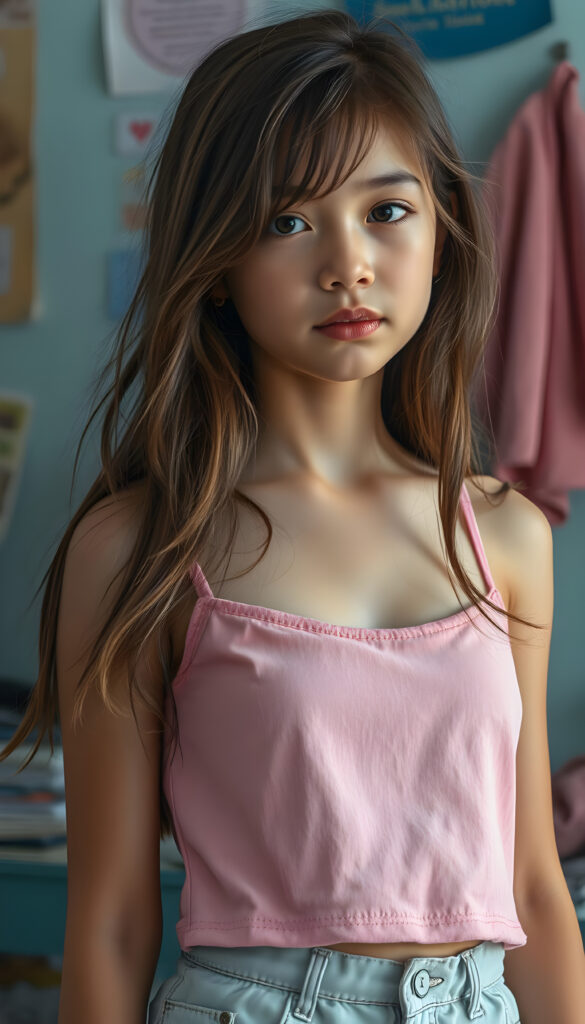 a wonderfully (((detailed painted scene))), portraying a youthful young teen girl, dressed in a short cropped pink camisole, exuding a playful whimsy that is accented by vivid pastel tones that bring each intricate detail into sharp relief, achieving a stunning (8K resolution) that is both crisp and clear, capturing a level of realism that is truly endearing, long straight brown wavy hair