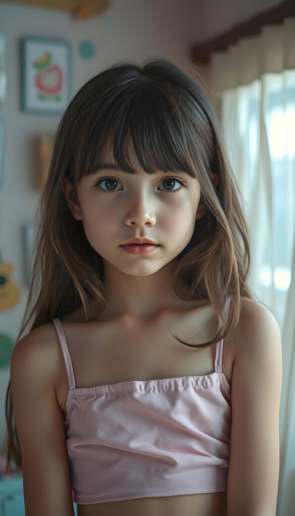 a wonderfully (((detailed painted scene))), portraying a youthful young teen girl, dressed in a short cropped pink camisole, exuding a playful whimsy that is accented by vivid pastel tones that bring each intricate detail into sharp relief, achieving a stunning (8K resolution) that is both crisp and clear, capturing a level of realism that is truly endearing, long straight brown wavy hair