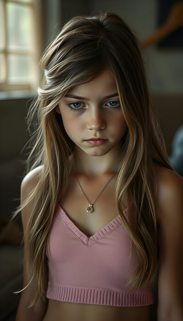 a wonderfully (((detailed painted scene))), portraying a youthful young busty teen girl looks very sad, dressed in a short cropped pink camisole made of fine wool deep v-neck, stunning (8K resolution) that is both crisp and clear, capturing a level of realism that is truly endearing, long straight brown wavy hair with blond highlights, cute belly button