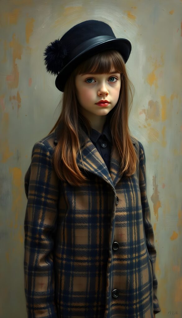 a wonderfully (((detailed painted scene))) by Pierre-Auguste Renoir, portraying a youthful girl of 8 in the 1930s, dressed in a long, luxurious (((coat with a classic pied de poule pattern))), paired with a diminutive, yet opulent (((velvet black hat))), exuding a playful whimsy that is accented by vivid pastel tones that bring each intricate detail into sharp relief, achieving a stunning (8K resolution) that is both crisp and clear, capturing a level of realism that is truly endearing, long straight full brown hair.