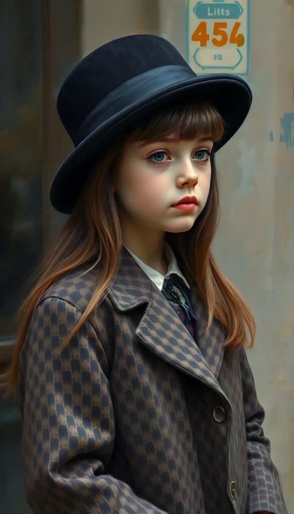 a wonderfully (((detailed painted scene))) by Pierre-Auguste Renoir, portraying a youthful girl of 8 in the 1930s, dressed in a long, luxurious (((coat with a classic pied de poule pattern))), paired with a diminutive, yet opulent (((velvet black hat))), exuding a playful whimsy that is accented by vivid pastel tones that bring each intricate detail into sharp relief, achieving a stunning (8K resolution) that is both crisp and clear, capturing a level of realism that is truly endearing, long straight full brown hair.