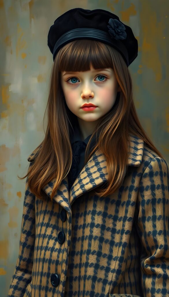 a wonderfully (((detailed painted scene))) by Pierre-Auguste Renoir, portraying a youthful girl of 8 in the 1930s, dressed in a long, luxurious (((coat with a classic pied de poule pattern))), paired with a diminutive, yet opulent (((velvet black hat))), exuding a playful whimsy that is accented by vivid pastel tones that bring each intricate detail into sharp relief, achieving a stunning (8K resolution) that is both crisp and clear, capturing a level of realism that is truly endearing, long straight full brown hair.