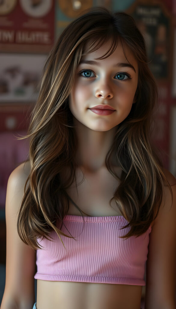 a wonderfully (((detailed painted scene))), portraying a youthful young teen girl, dressed in a short cropped pink camisole, exuding a playful whimsy that is accented by vivid pastel tones that bring each intricate detail into sharp relief, achieving a stunning (8K resolution) that is both crisp and clear, capturing a level of realism that is truly endearing, long straight brown wavy hair