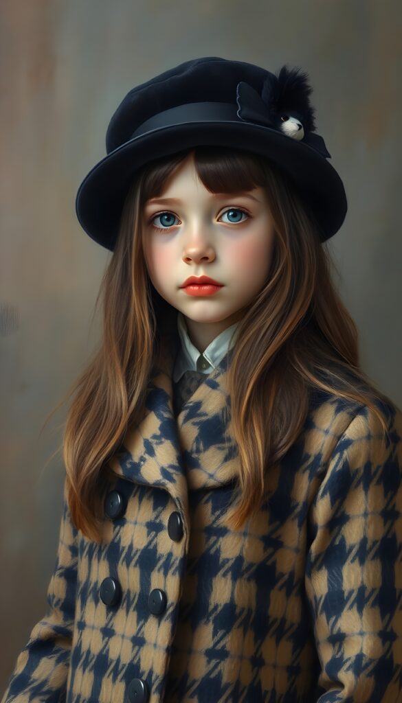 a wonderfully (((detailed painted scene))) by Pierre-Auguste Renoir, portraying a youthful girl of 8 in the 1930s, dressed in a long, luxurious (((coat with a classic pied de poule pattern))), paired with a diminutive, yet opulent (((velvet black hat))), exuding a playful whimsy that is accented by vivid pastel tones that bring each intricate detail into sharp relief, achieving a stunning (8K resolution) that is both crisp and clear, capturing a level of realism that is truly endearing, long straight full brown hair.