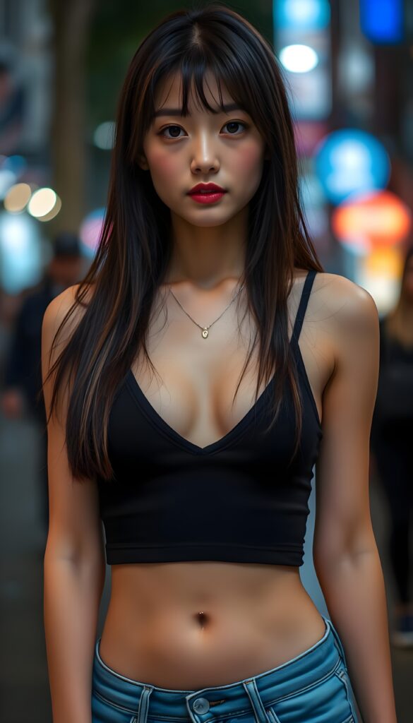 a (((young Asian girlie))), wears a short cropped black tank top deep v-neck, straight soft long black hair and brown highlights, ((round face)), full kissable lips, round eyes, perfect skin. She wears short thin blue jeans pants. Perfect flawless legs. Round cute navel. The young girlie posed in public. Seductive. Terminal.