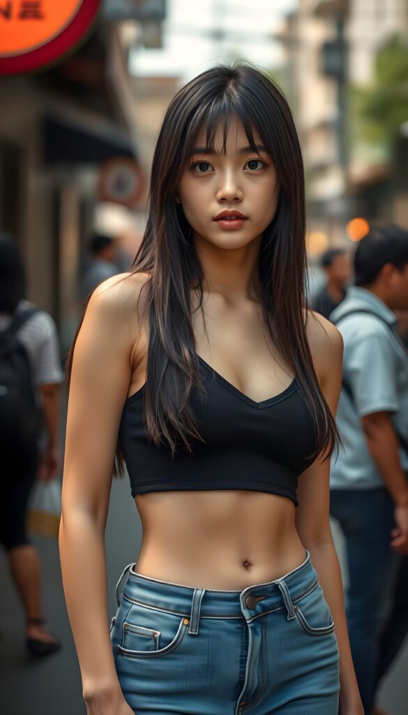 a (((young Asian girlie))), wears a short cropped black tank top deep v-neck, straight soft long black hair and brown highlights, ((round face)), full kissable lips, round eyes, perfect skin. She wears short thin blue jeans pants. Perfect flawless legs. Round cute navel. The young girlie posed in public. Seductive. Terminal.