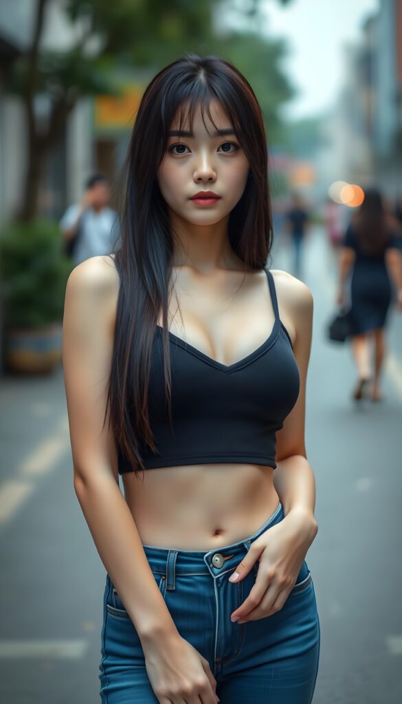 a (((young Asian girlie))), wears a short cropped black tank top deep v-neck, straight soft long black hair and brown highlights, ((round face)), full kissable lips, round eyes, perfect skin. She wears short thin blue jeans pants. Perfect flawless legs. Round cute navel. The young girlie posed in public. Seductive. Terminal.