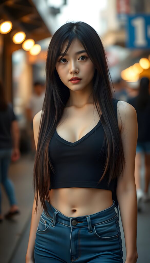 a (((young Asian girlie))), wears a short cropped black tank top deep v-neck, straight soft long black hair and brown highlights, ((round face)), full kissable lips, round eyes, perfect skin. She wears short thin blue jeans pants. Perfect flawless legs. Round cute navel. The young girlie posed in public. Seductive. Terminal.