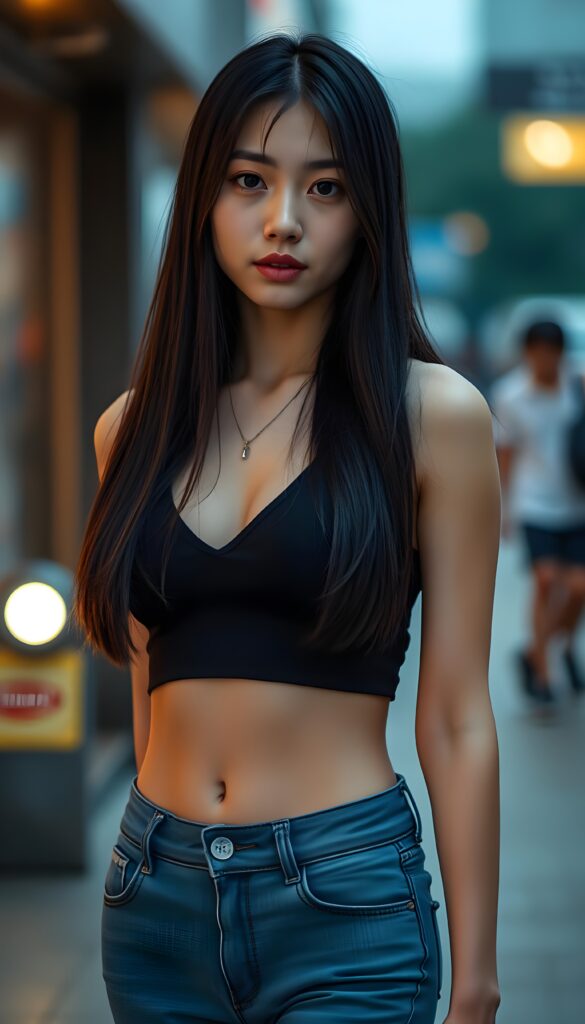 a (((young Asian girlie))), wears a short cropped black tank top deep v-neck, straight soft long black hair and brown highlights, ((round face)), full kissable lips, round eyes, perfect skin. She wears short thin blue jeans pants. Perfect flawless legs. Round cute navel. The young girlie posed in public. Seductive. Terminal.