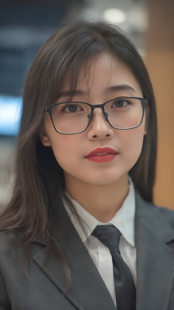 a young Asian woman in a business suit, including a white shirt, tie, long black straight hair, red full plump lips, black thin glasses
