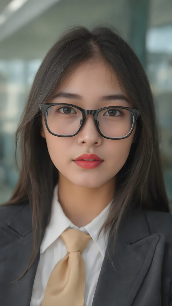 a young Asian woman in a business suit, including a white shirt, tie, long black straight hair, red full plump lips, black thin glasses