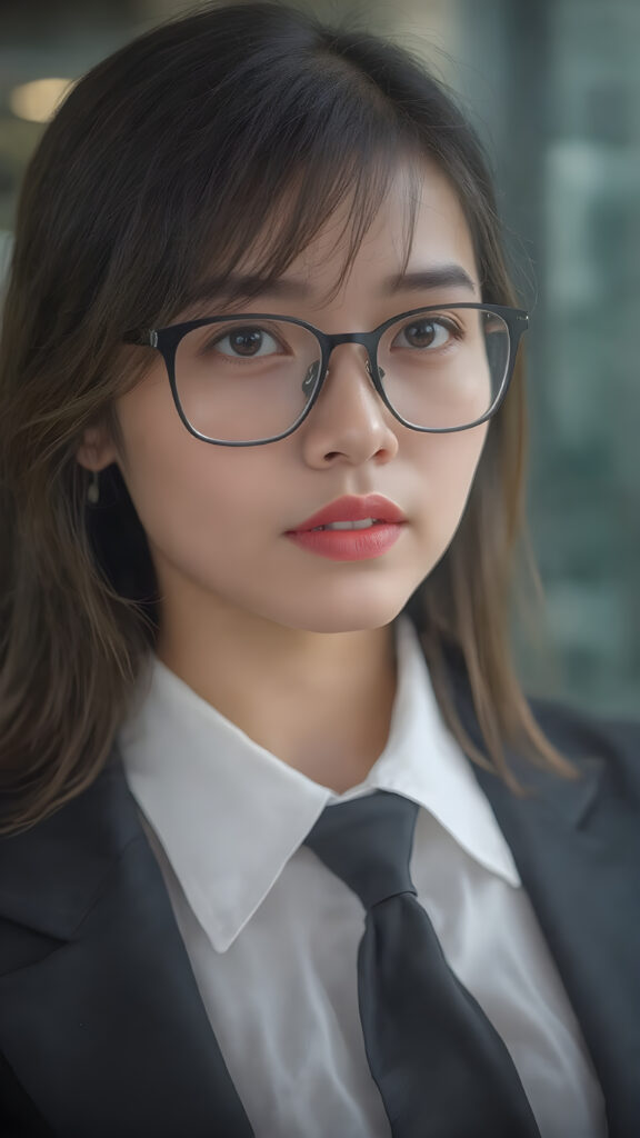 a young Asian woman in a business suit, including a white shirt, tie, long black straight hair, red full plump lips, black thin glasses