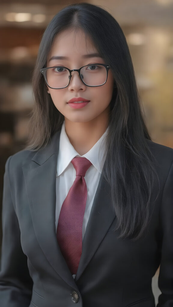 a young Asian woman in a business suit, including a white shirt, tie, long black straight hair, red full plump lips, black thin glasses