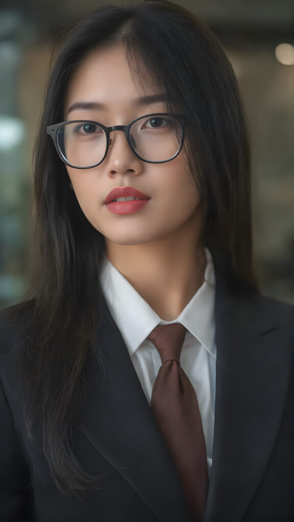 a young Asian woman in a business suit, including a white shirt, tie, long black straight hair, red full plump lips, black thin glasses
