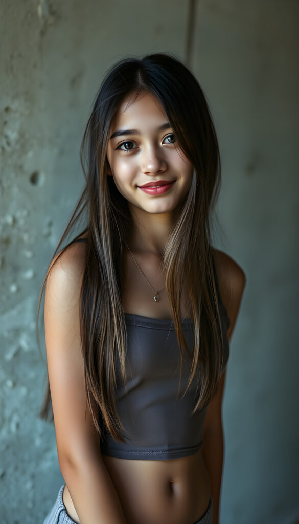 a young Exotic teen girl stands in front of a wall and looks at the viewer. She has long hair and deep black eyes, warm smile, very happy, she is very thin and short dressed in a cropped tank top, ((stunning)) ((gorgeous)) ((upper body portrait))