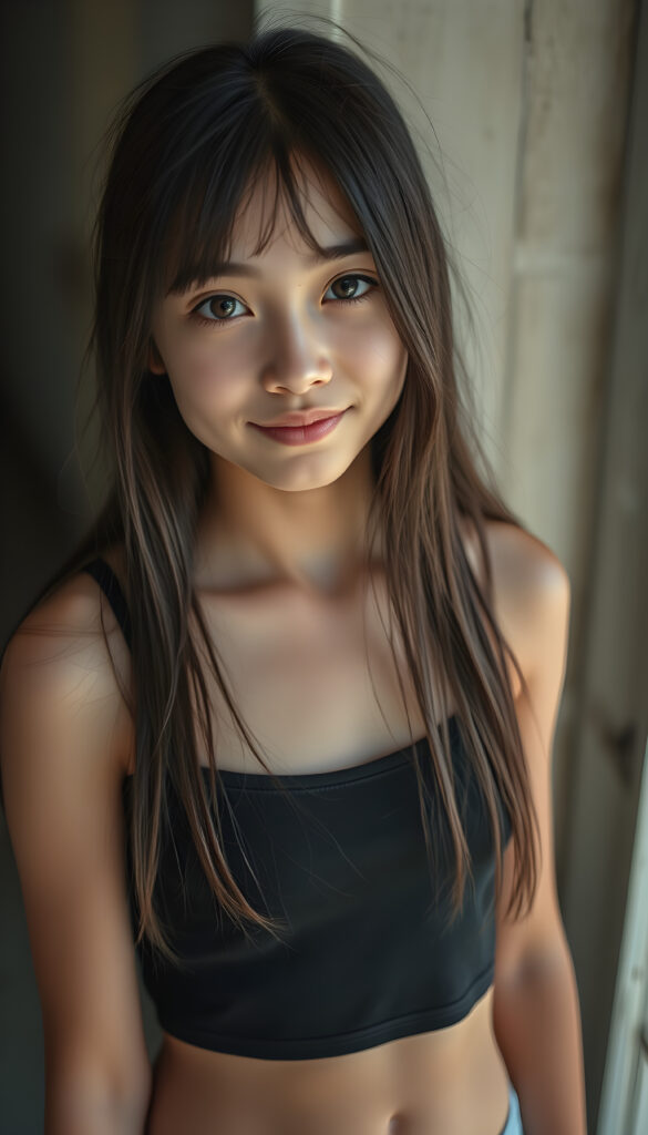 a young Exotic teen girl stands in front of a wall and looks at the viewer. She has long hair and deep black eyes, warm smile, very happy, she is very thin and short dressed in a cropped tank top, ((stunning)) ((gorgeous)) ((upper body portrait))