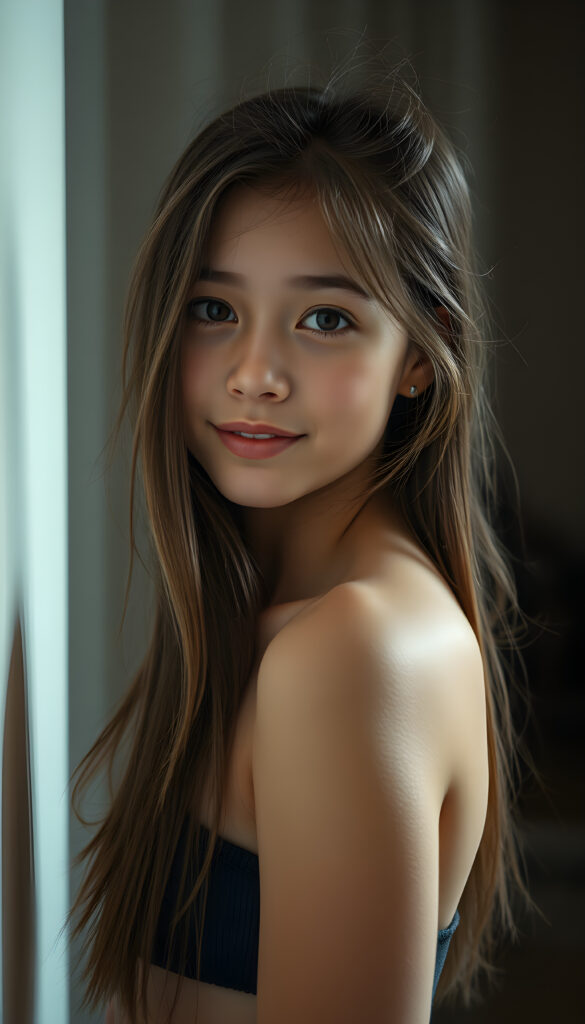 a young Exotic teen girl stands in front of a wall and looks at the viewer. She has long hair and deep black eyes, warm smile, very happy, she is very thin and short dressed in a cropped tank top, ((stunning)) ((gorgeous)) ((upper body portrait))