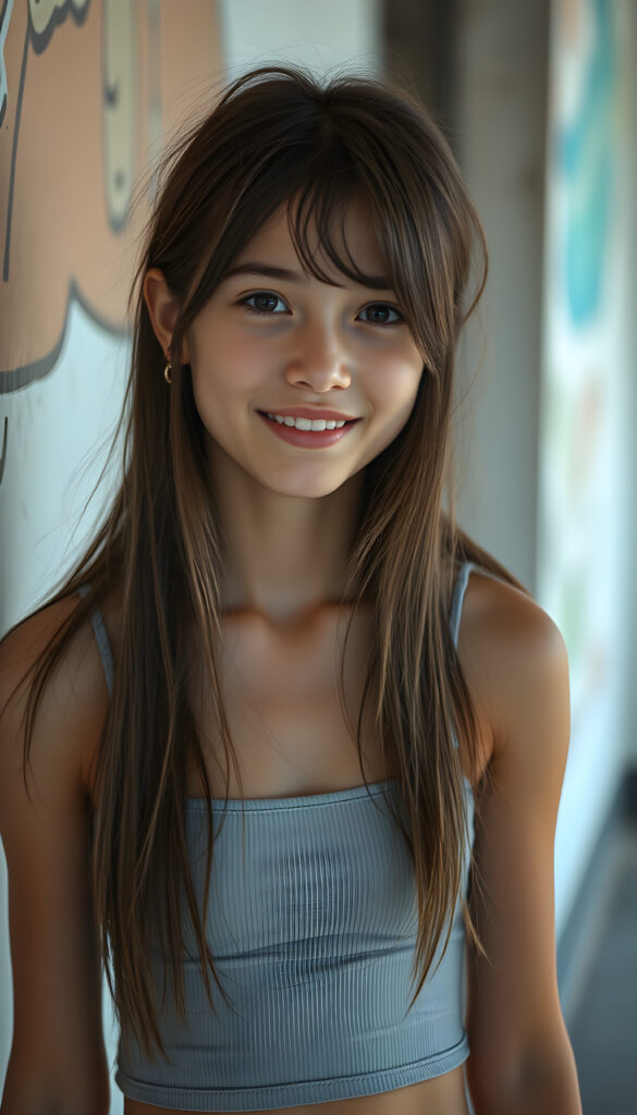 a young Exotic teen girl stands in front of a wall and looks at the viewer. She has long hair and deep black eyes, warm smile, very happy, she is very thin and short dressed in a cropped tank top, ((stunning)) ((gorgeous)) ((upper body portrait))