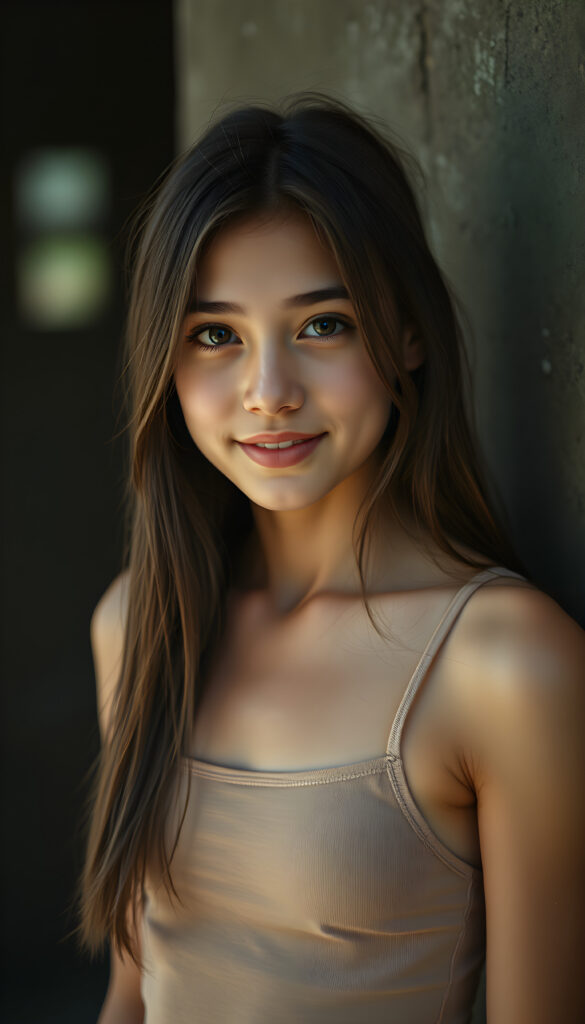 a young Exotic teen girl stands in front of a wall and looks at the viewer. She has long hair and deep black eyes, warm smile, very happy, she is very thin and short dressed in a cropped tank top, ((stunning)) ((gorgeous)) ((upper body portrait))