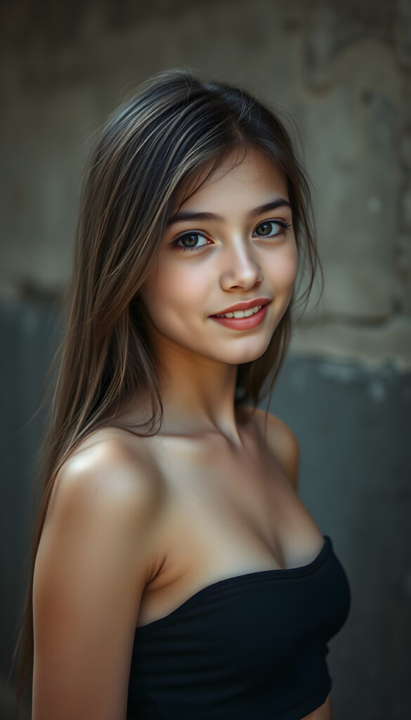 a young Exotic teen girl stands in front of a wall and looks at the viewer. She has long hair and deep black eyes, warm smile, very happy, she is very thin and short dressed in a cropped tank top, ((stunning)) ((gorgeous)) ((upper body portrait))