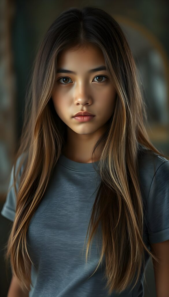 a (((young Indigenous teen girl))) with long, soft flowing, (((straight hair and light brown highlights))), and (((deeply dark round eyes))), her gaze directed towards the viewer, her features exuding an air of (((stunning beauty))) and (((unfading grace))), she wears a grey short, skin tight t-shirt